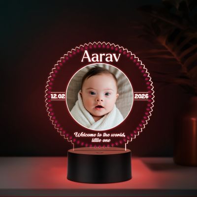 Personalized LED Night Lamp with Photo | Welcome to The World Little One Quote Engraved Color Changing Light with Black Base Gift for New Born Baby & New Parents